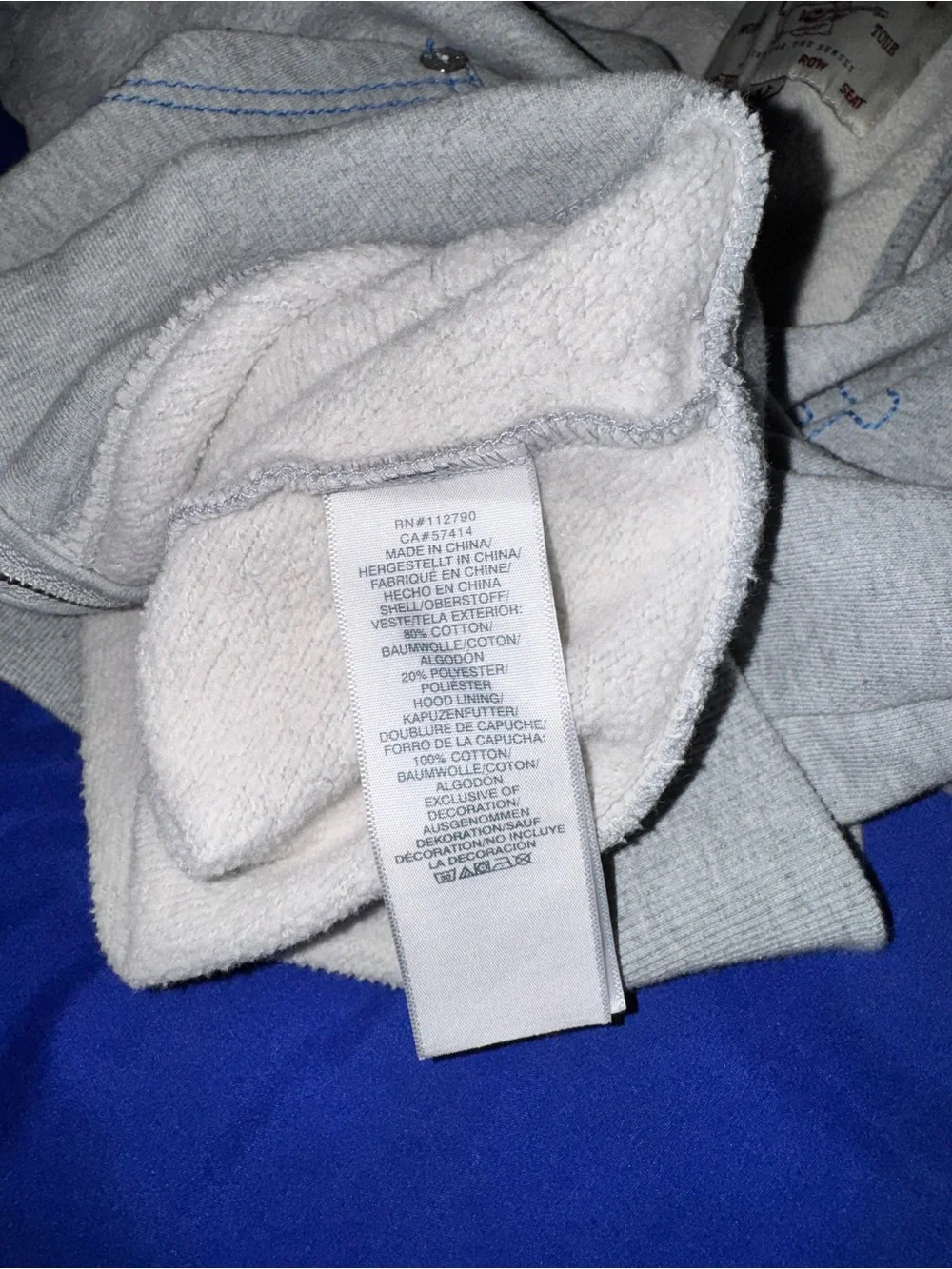 True Religion Light Gray Zip Hoodie with Blue Back Logo